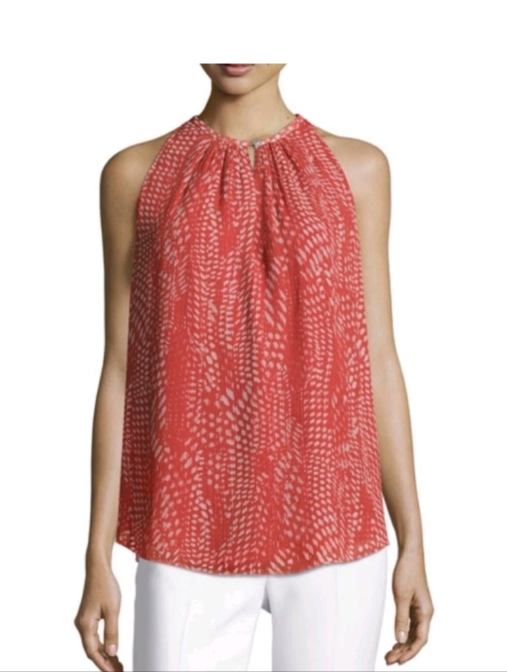 Ramy Brook 100% Silk Halter Pleated Blouse Red White Contemporary Luxury Chic M